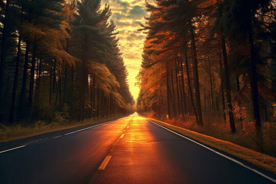 Fototapeta A sunset photograph of a road lined with trees, with the golden light casting a warm and inviting glow, symbolizing the beauty of the journey. Generative AI technology.