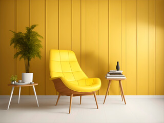yellow armchair, wall paneled with wood, in a modern living room in a Scandinavian style. 3D rendering