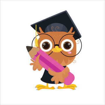 vector cartoon illustration of a cute owl holding a pencil