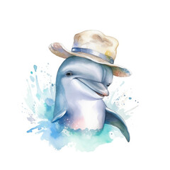 Dolphin Watercolor. Cute cartoon Dolphin in a straw hat isolated on White Background. Generative ai Illustration in Watercolor style
