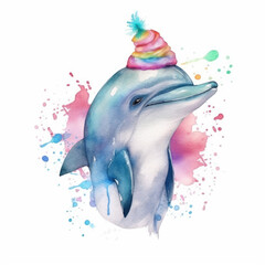 Dolphin Watercolor. Cute cartoon Dolphin in a knitted hat isolated on White Background. Generative ai Illustration in Watercolor style