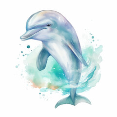 Dolphin, Watercolor. Cute jumping Dolphin isolated on White Background. Generative ai Illustration in cartoon style