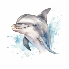 Dolphin Watercolor. Cute gray jumping cartoon Dolphin on White Background. Generative ai Illustration in Watercolor style