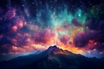 Fototapeta na wymiar bright burst of colorful lights shinning from the sky, night sky, starry sky, cloudy sky, mountains terrain, colorful dust of clouds. Generative Ai