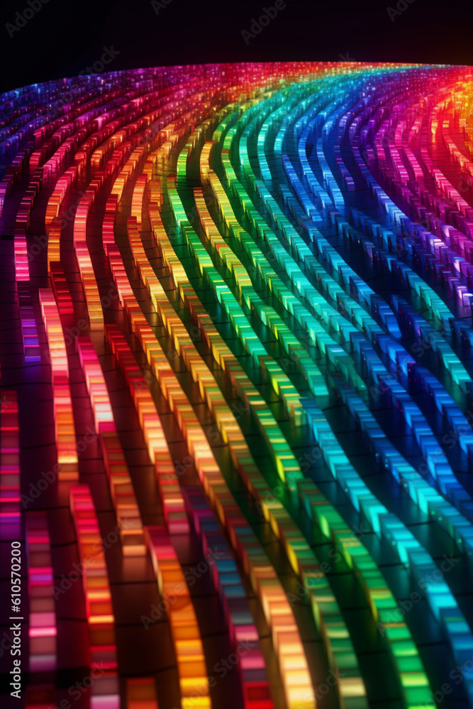 Poster An aerial view of a tunnel with LED strips forming a mesmerizing rainbow arch, creating a colorful and enchanting passage.  Generative AI technology.