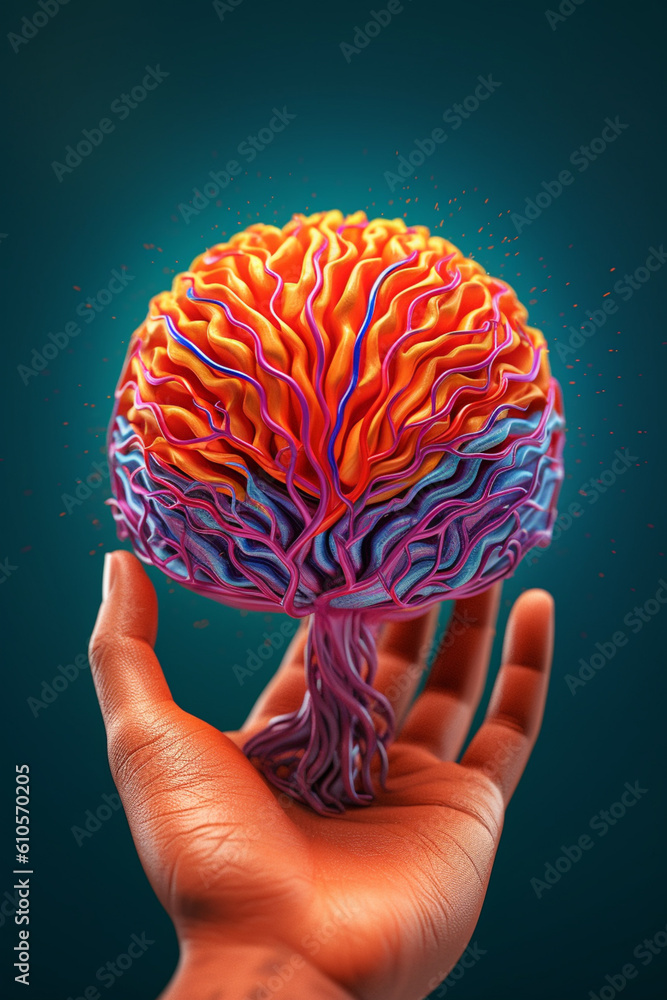 Poster A digital rendering of a stylized brain resting in the center of a palm, representing the importance of mental well-being and self-awareness.  Generative AI technology.
