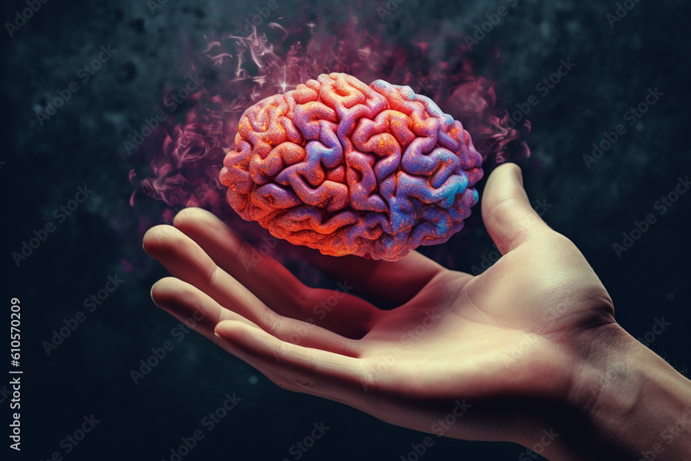 Poster A photo manipulation artwork combining the image of a hand and a brain, creating a visually striking and thought-provoking composition. Generative AI technology.
