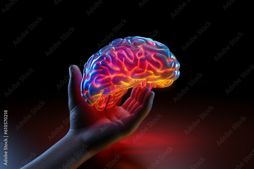 Poster an artistic representation of a hand with a glowing brain in its palm, symbolizing the power of thou