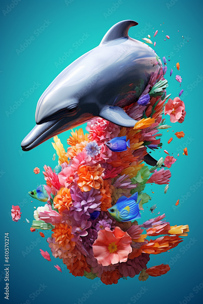 Poster a conceptual image of a dolphin made from unconventional materials, such as flowers or feathers, cha