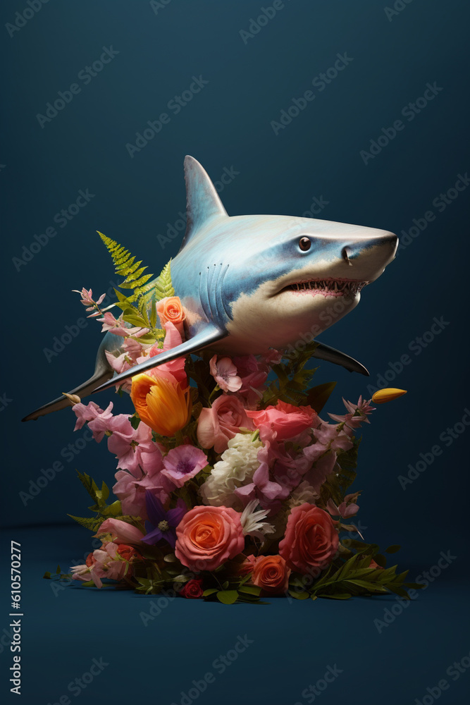 Poster A conceptual image of a Shark made from unconventional materials, such as flowers or feathers, challenging the perception of Shark as solely utilitarian objects.  Generative AI technology.