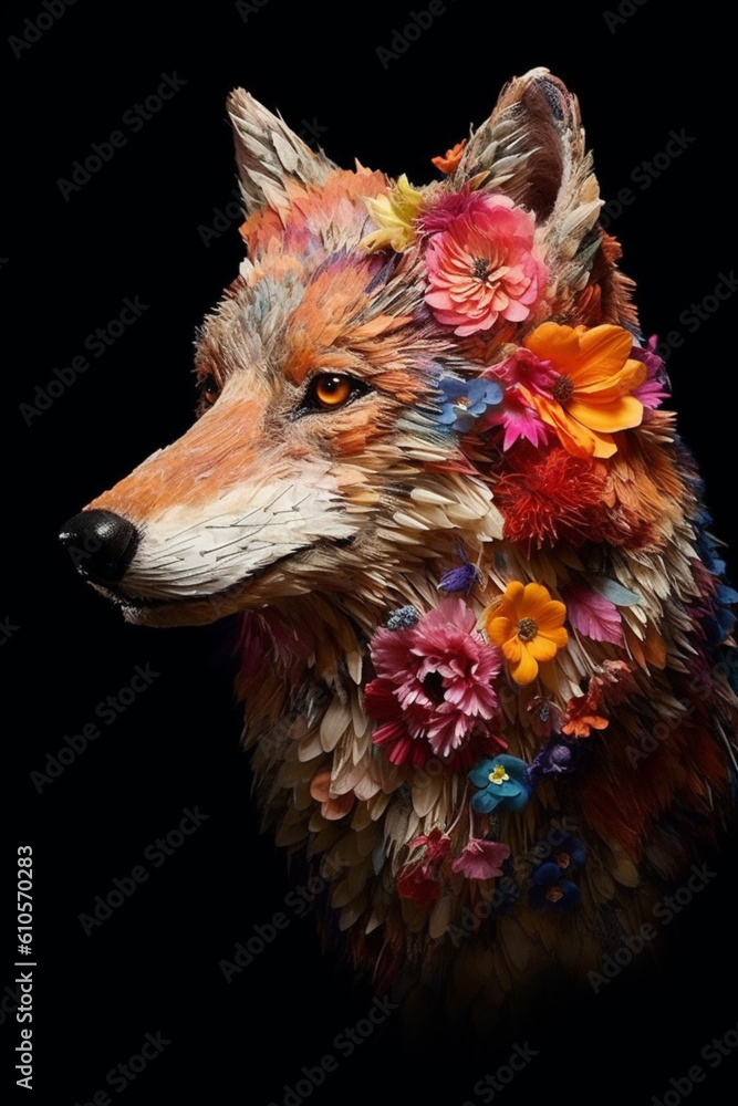 Leinwandbilder a conceptual image of a wolf made from unconventional materials, such as flowers or feathers, challe