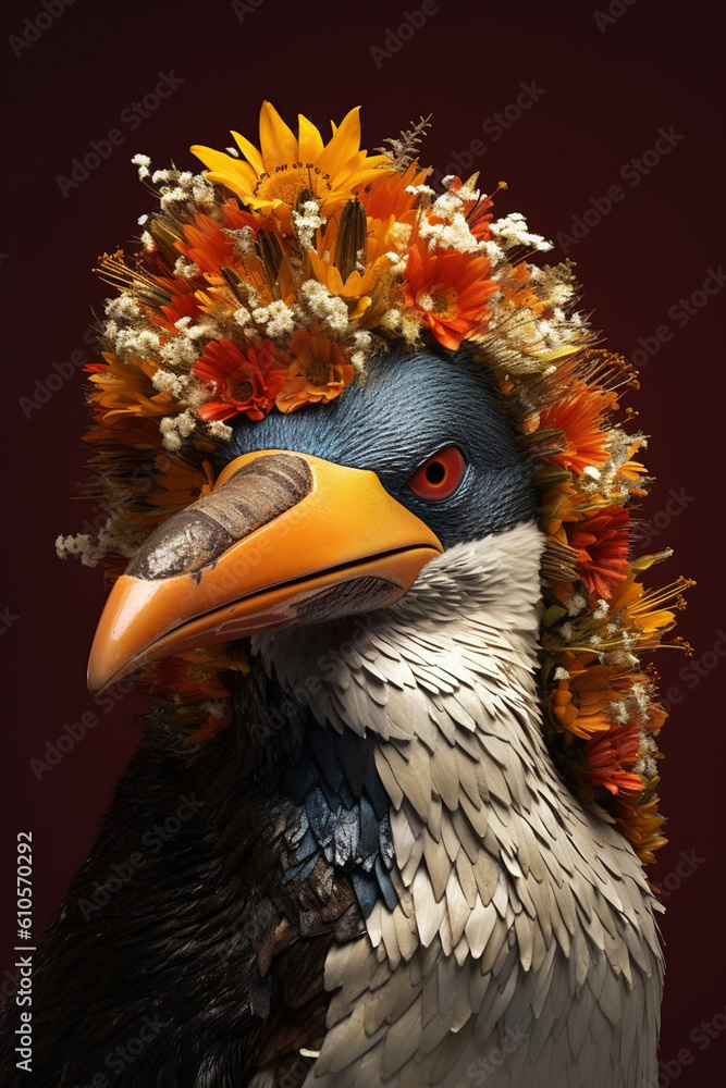 Poster A conceptual image of a Penguin made from unconventional materials, such as flowers or feathers, challenging the perception of Penguin as solely utilitarian objects.  Generative AI technology.