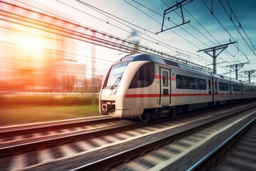 Fototapeta na wymiar Electric passenger train drives at high speed among urban landscape