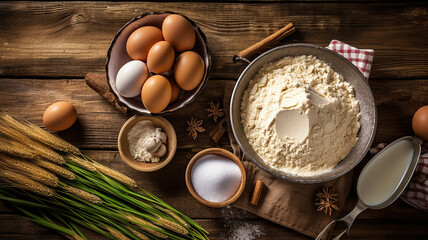 Fototapeta na wymiar Ingredients for baking, milk butter eggs flour wheat, white wood background, copy space, top view. Generative Ai