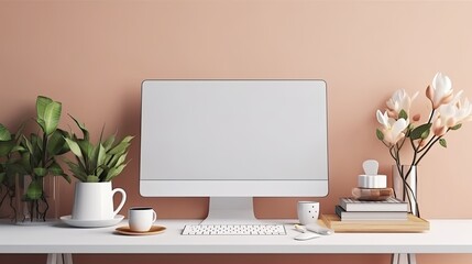 Desktop computer mock-up blank poster. Generative AI