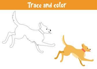 Trace and color cartoon vector dog. Educational coloring page. Handwriting practice for preschoolers.