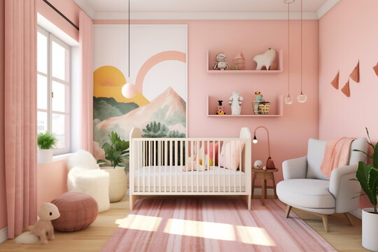 Modern baby room in pastel pink colors, wooden detail and baby interior