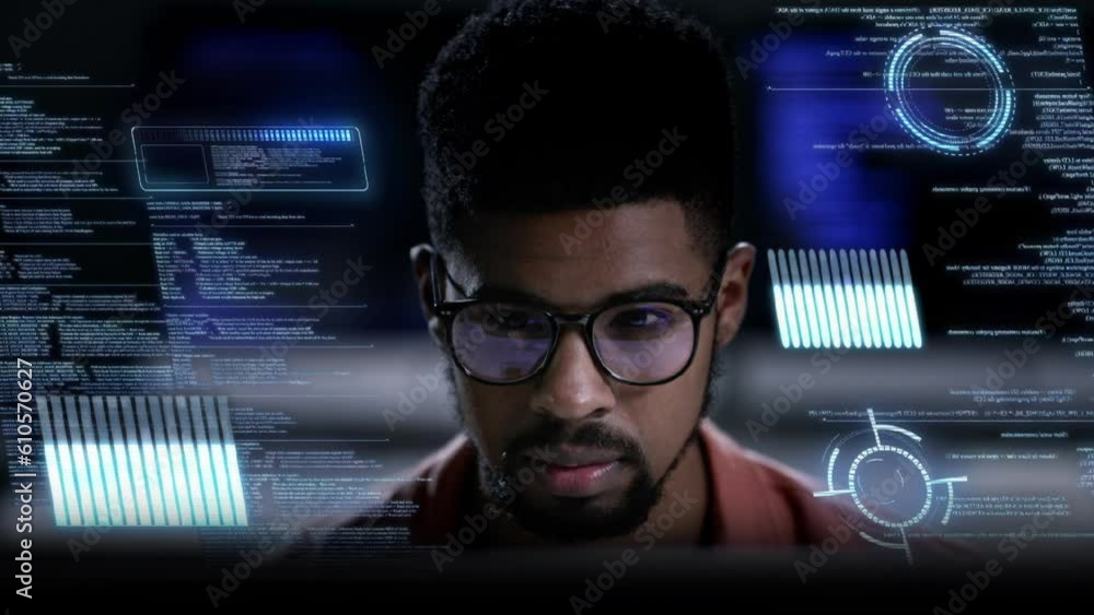 Leinwandbilder Hologram, man and programmer with focus, computer coding and digital software in the workplace. Male person, developer and employee with security analysis, thinking and holographic with programming