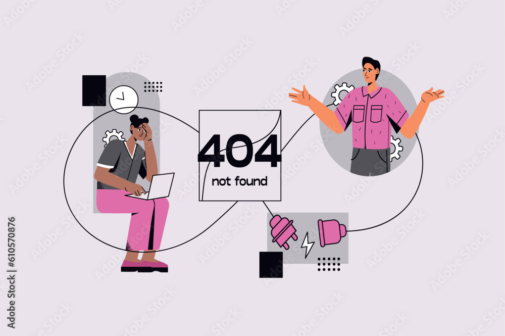 Poster concept 404 not found with people scene in the flat cartoon design. programmers work with errors tha