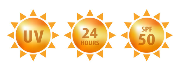 UV, 24 hours, SPF50 sun protection icon. Sun vector icon. Vector illustration