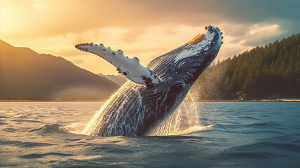 Humpback whale jumps out of the water. Beautiful jump. Generative Ai