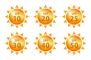 Icons for sunscreen products. Set of flat SPF sun protection icons isolated on white background. spf 30, 50, sun, UV protection. Sun vector icon. Vector illustration