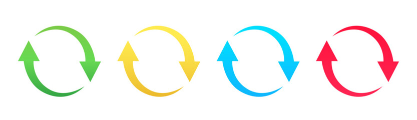 Set of colorful refresh icons. Colored refresh ccw gradient, yellow, red, blue, green icon variants. Flat icon style for graphic design. Vector illustration