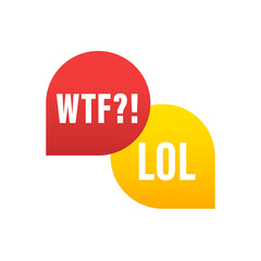 Red and yellow chat bubble with letters LOL and WTF. Concept of exclaim with negative conversation or aggressive astonishment. flat style trend modern logo graphic art design. Vector illustration