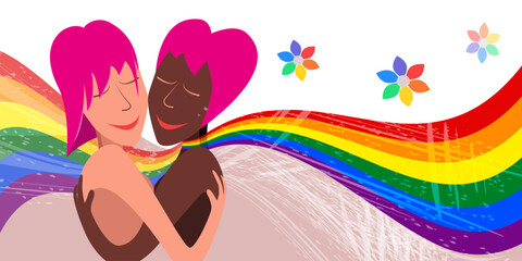 Cartoon black and white woman in hugging with LGBTQ flag