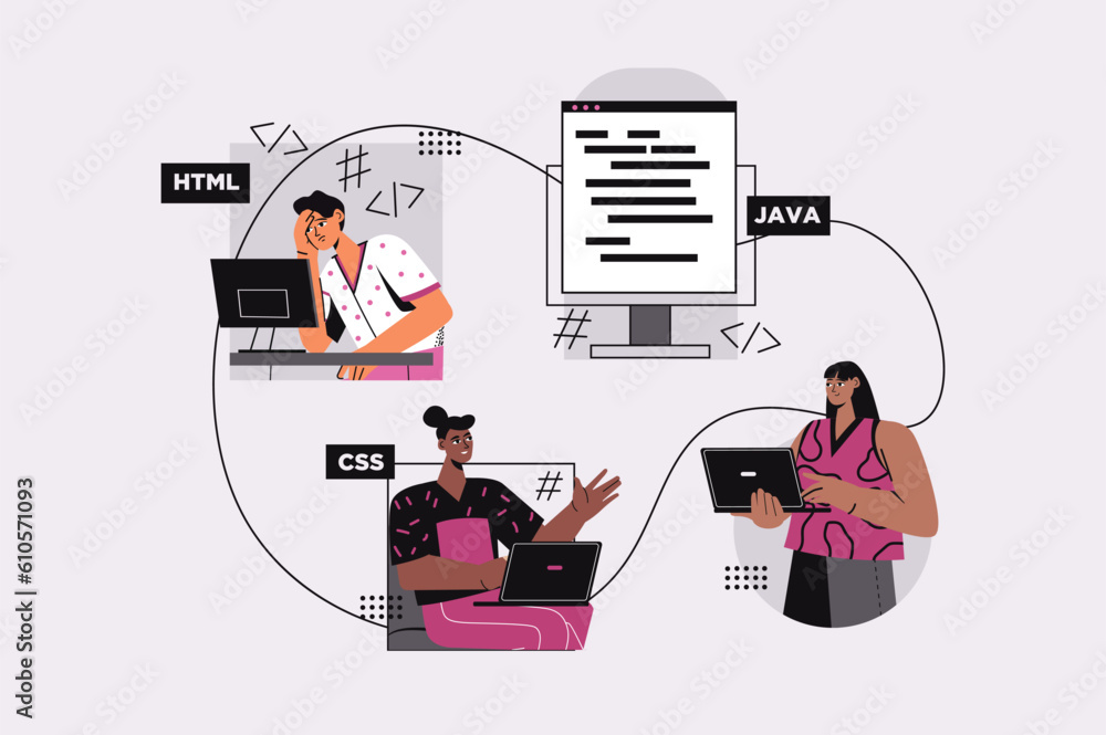 Aufkleber Programming concept with people scene in the flat cartoon style. Programmers work on various components of software code. Vector illustration.