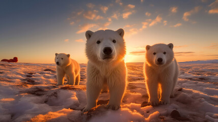 Polar bear family in Canadian Arctic sunset. Generative Ai