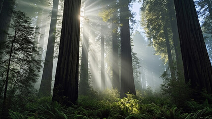 Plakat several redwood trees with thick fog surrounding them. Generative Ai
