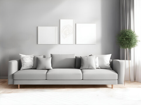 gray sofa, wood-colored wall, in a modern living room in a Scandinavian style. 3D rendering