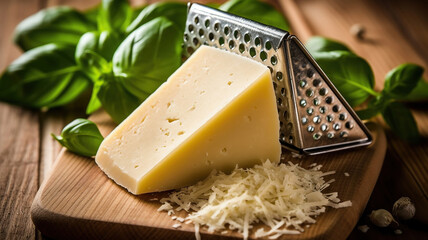 Parmesan cheese with grater on a cutting board. Dairy product. Generative Ai