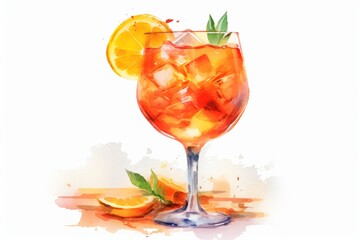 Aperol spritz in the style of watercolor painting, sharp/prickly, on a white background. Generative ai