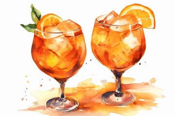 Aperol spritz in the style of watercolor painting, sharp/prickly, on a white background. Generative ai