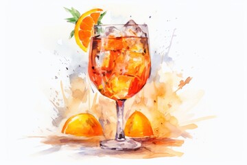 Aperol spritz in the style of watercolor painting, sharp/prickly, on a white background. Generative ai