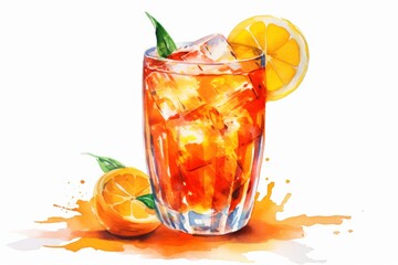 Aperol spritz in the style of watercolor painting, sharp/prickly, on a white background. Generative ai
