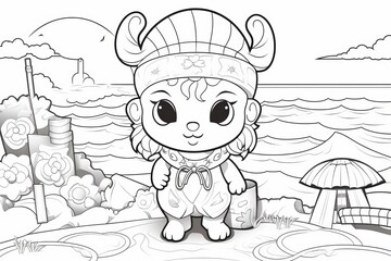 Cute squirrel , beach background, ,kawaii art style, coloring page for kids, black and white simple line design, plenty of white space. Generative AI.