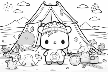 Cute squirrel , beach background, ,kawaii art style, coloring page for kids, black and white simple line design, plenty of white space. Generative AI.