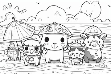 Cute squirrel , beach background, ,kawaii art style, coloring page for kids, black and white simple line design, plenty of white space. Generative AI.