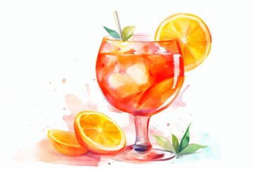 Aperol spritz in the style of watercolor painting, sharp/prickly, on a white background. Generative ai