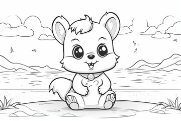 Cute squirrel , beach background, ,kawaii art style, coloring page for kids, black and white simple line design, plenty of white space. Generative AI.