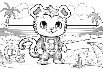 Cute squirrel , beach background, ,kawaii art style, coloring page for kids, black and white simple line design, plenty of white space. Generative AI.