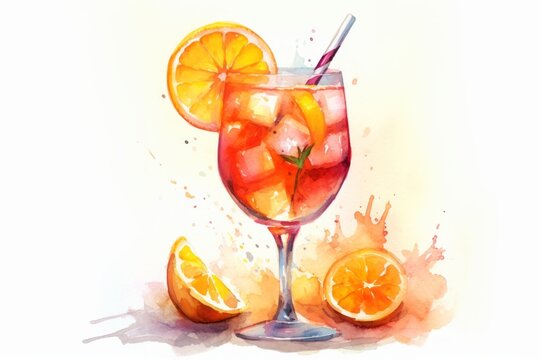 Aperol spritz in the style of watercolor painting, sharp/prickly, on a white background. Generative ai