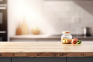 Empty wooden tabletop over defocused kitchen background with copy space