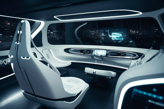Inside view of cockpit HUD using AI artificial intelligence sensor to drive car without driver.  White driverless car interior with futuristic dashboard for autonomous control system. Generative AI