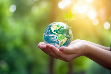 Environment Earth Day In the hands holding green earth on Bokeh green Background Saving environment and environmentally sustainable, Save Earth, Concept of the Environment World Earth Day