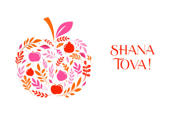 Rosh Hashanah background, floral banner with plants, flowers, apples and pomegranate . Shana Tova, Happy Jewish New Year, concept design