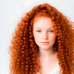 Redhead girl with long and shiny wavy hair on white background. Beautiful model with curly hairstyle. Generative AI.